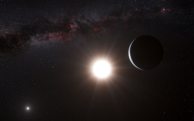 An artist's illustration of an exoplanet orbiting one star of a binary system.
