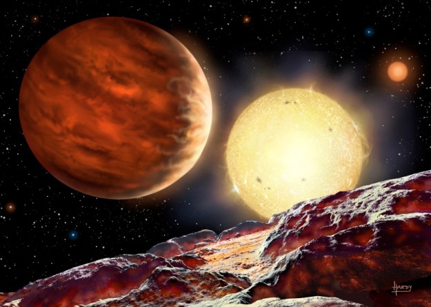 Artist's impression of Tom's planet, WASP-142b, orbiting its star, WASP-142. The planet is depicted as seen from a hypothetical moon. A second, dimmer star is seen in the background. Being 1000 light years away, the planet is too distant to obtain a direct image.